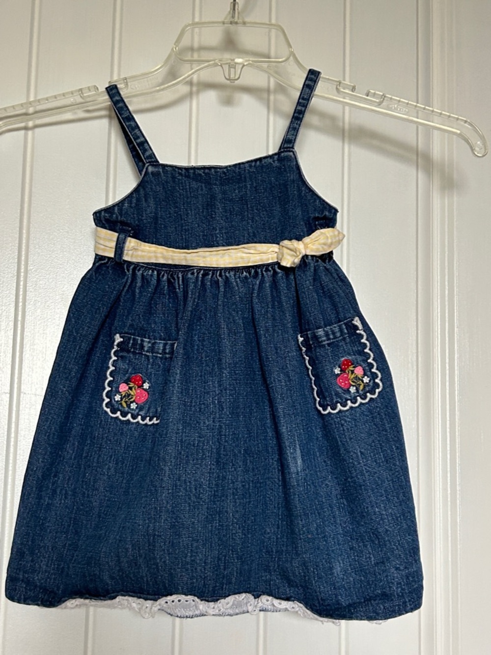 Gymboree Blue Denim Baby Jumper with Cream Bow Accents embroidered vintage